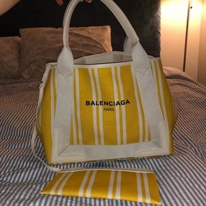 Balenciaga Cabas Yellow stripe tote handbag purse